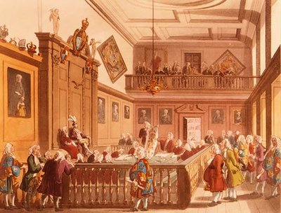 El Tribunal de Caballería en sesión en el Tribunal del Mariscal del Conde en el Colegio de Armas de Ackermanns Microcosm of London, 1809 de T. and Pugin Rowlandson